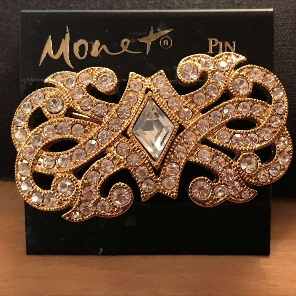 VTG Monet Gold Tone Pin with Clear Rhinestones